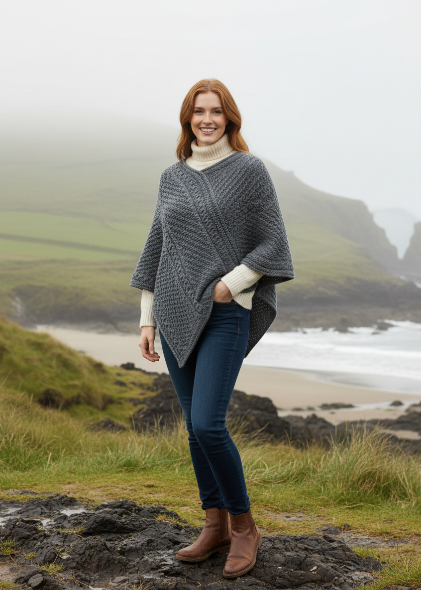 Irish Aran Cable Knit Poncho | 100% Merino Wool | Slate Grey