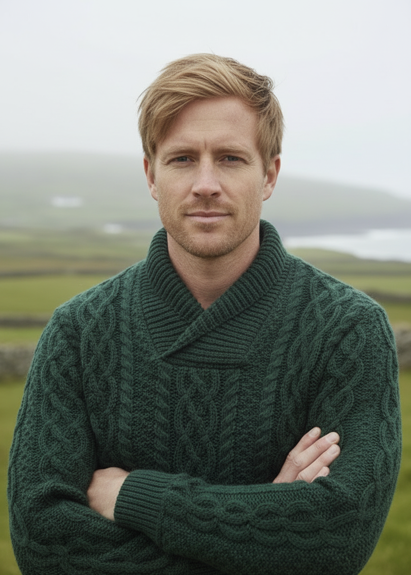 Man wearing a green sweater with a blurred natural landscape in the background