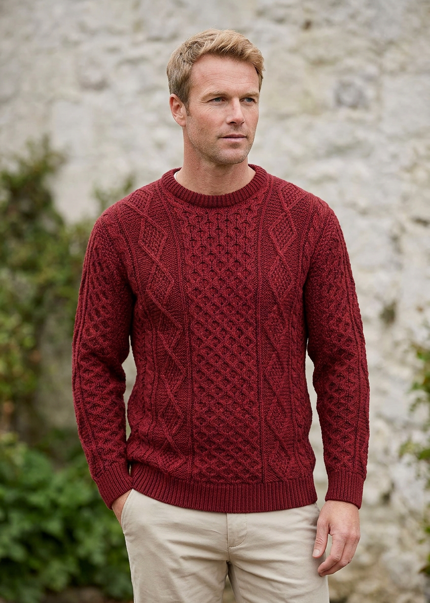 Mens Traditional Aran Supersoft Merino Sweater | Red