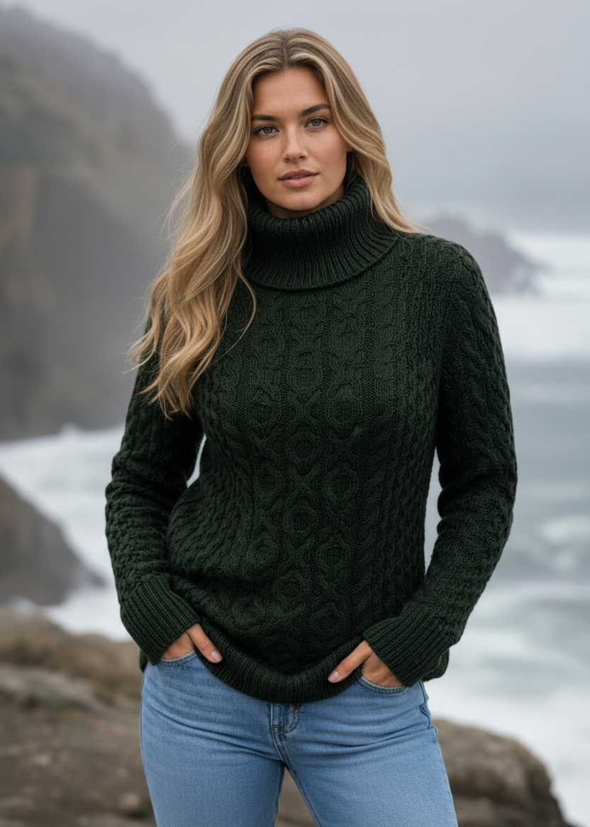 Merino Wool Polo Neck Aran Sweater | Army Green
