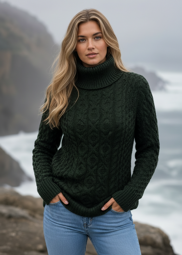 Merino Wool Polo Neck Aran Sweater | Army Green