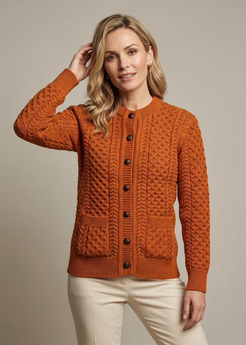 Aran Lumber Cardigan | Terracotta | 100% Merino Wool
