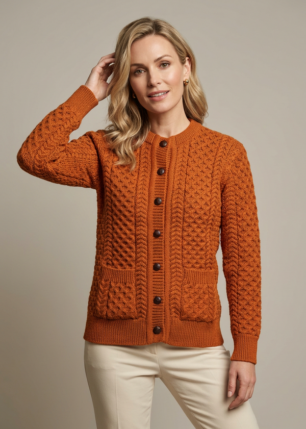 Aran Lumber Cardigan | Terracotta | 100% Merino Wool
