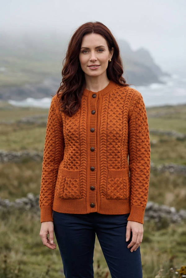 Aran Lumber Cardigan | Terracotta | 100% Merino Wool