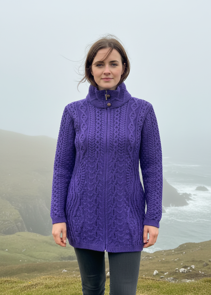 Purple Aran Cardigan on Female Model