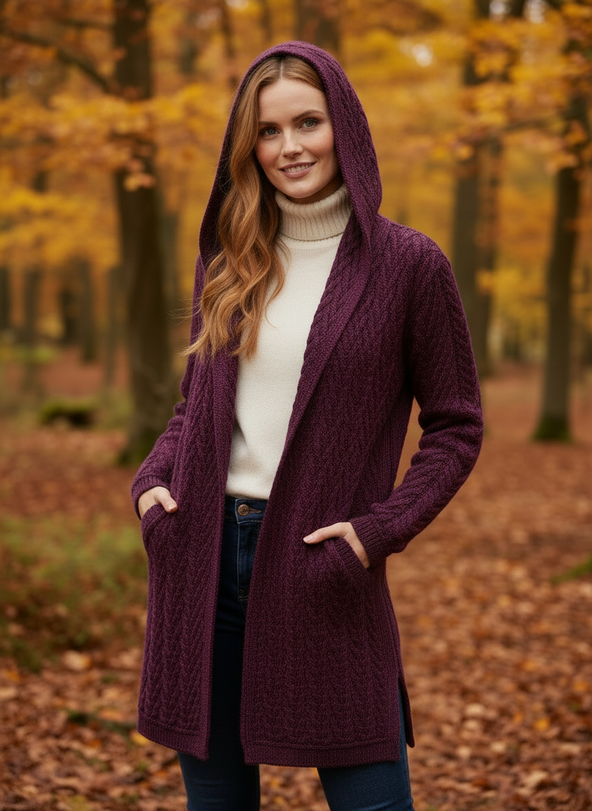 Purple Herringbone Aran Cardigan - Hood Up Hands in Pockets