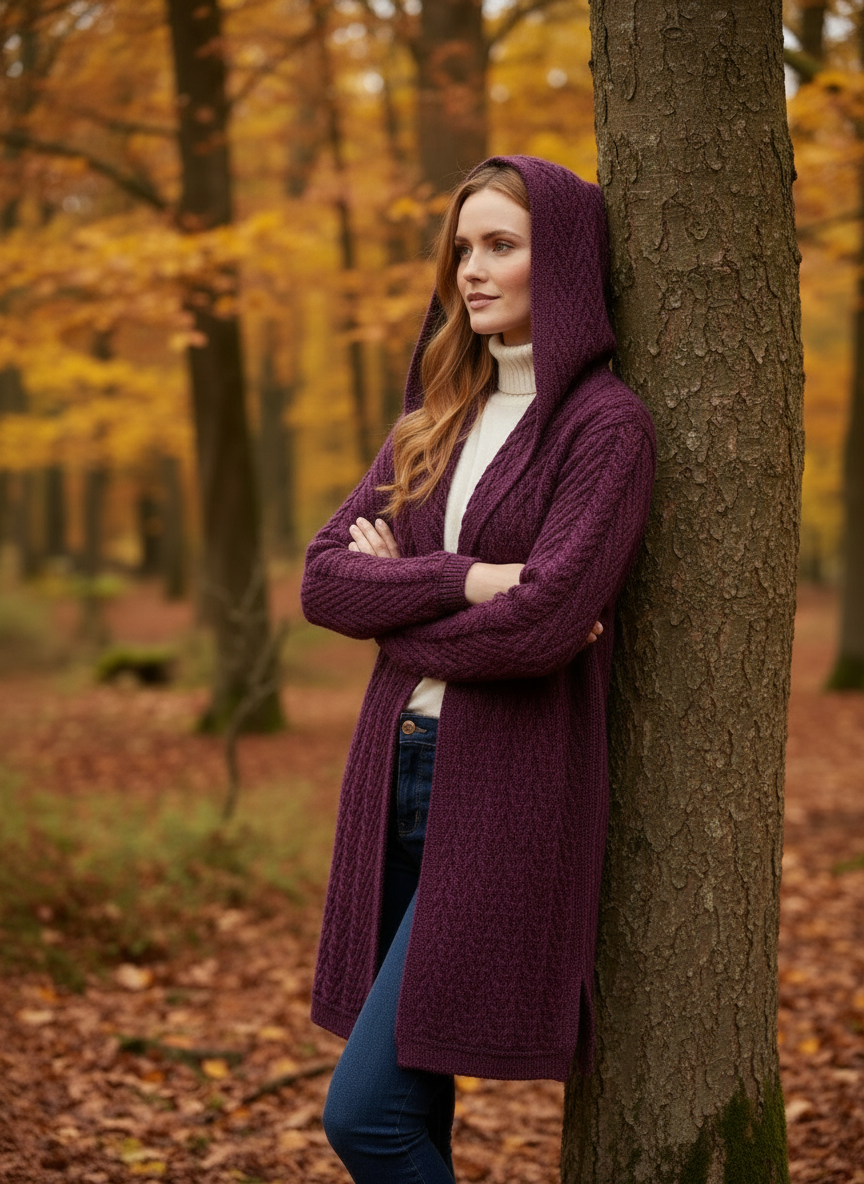 Purple Herringbone Aran Cardigan - Hood Up Leaning Against Tree
