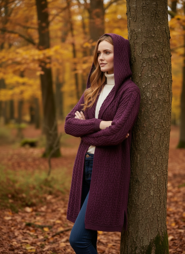 Purple Herringbone Aran Cardigan - Hood Up Leaning Against Tree