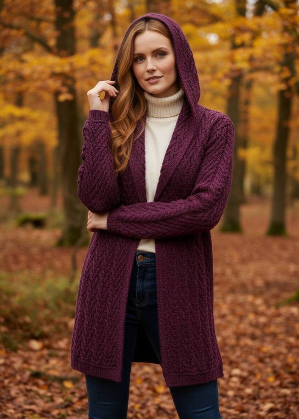 Purple Herringbone Aran Cardigan - Hood Up