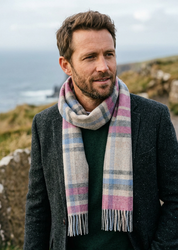 Foxford Damask Grey Tartan Lambswool Scarf