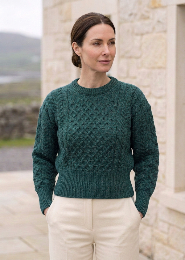 Ladies Merino Cropped Classic Aran Sweater | Connemara Green
