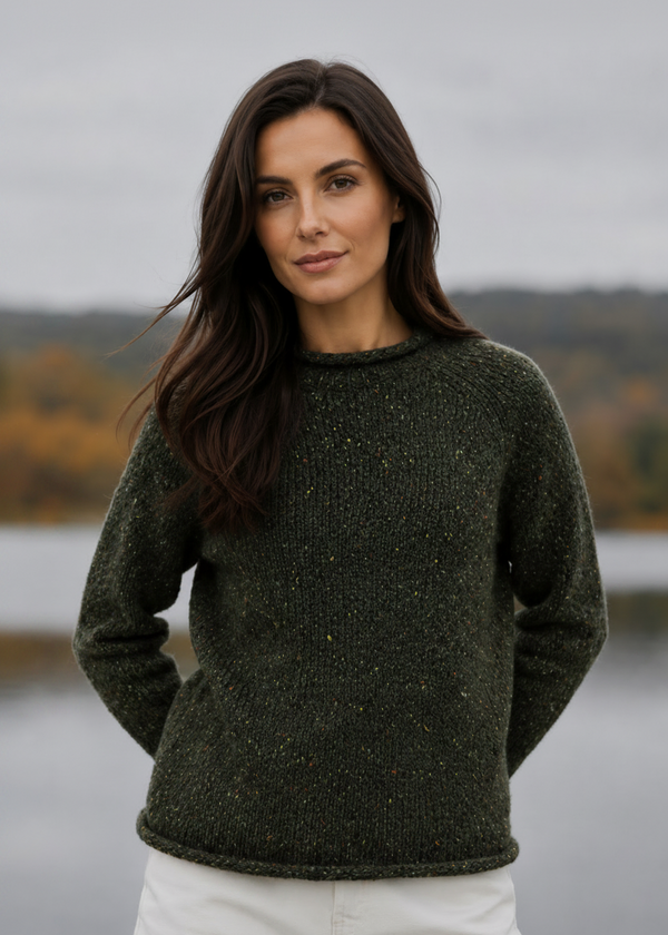 Ladies Donegal Roll Neck Sweater - Green | 100% Wool Knitwear