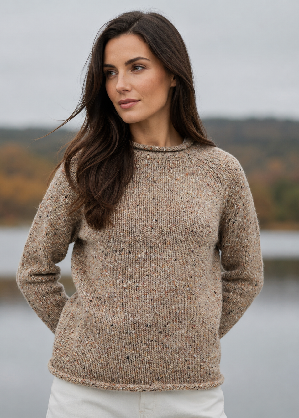 Ladies Donegal Roll Neck Sweater - Oat | 100% Wool Knitwear