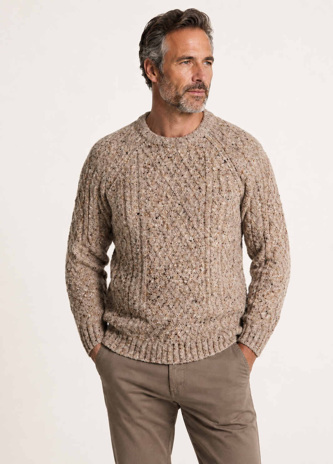 Donegal Tweed Aran Crew Neck Sweater | Oatmeal