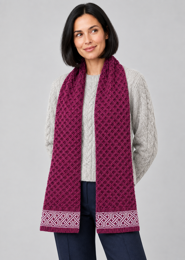 Raspberry Celtic scarf, angled studio pose