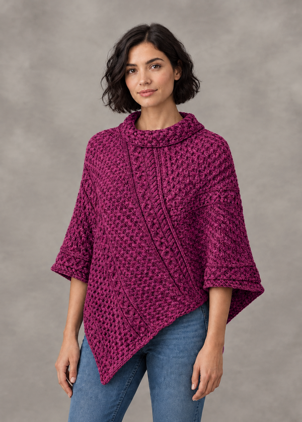 Raspberry marl poncho on the model