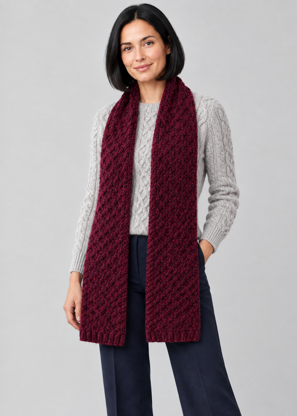 Raspberry Marl scarf, standing studio pose