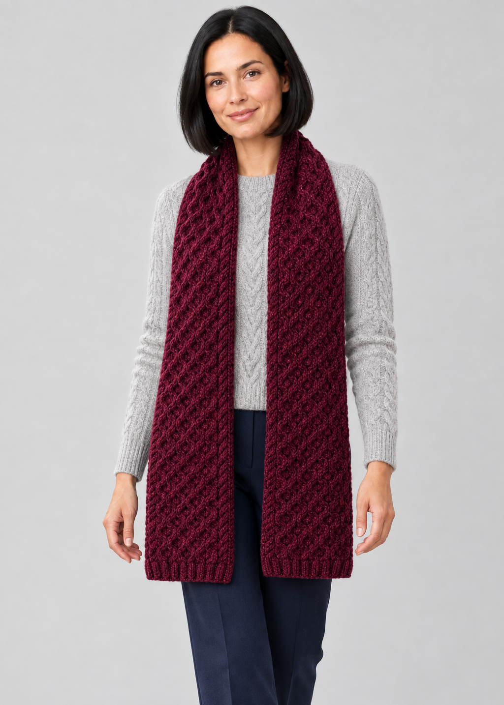 Raspberry Marl scarf, stepping studio pose