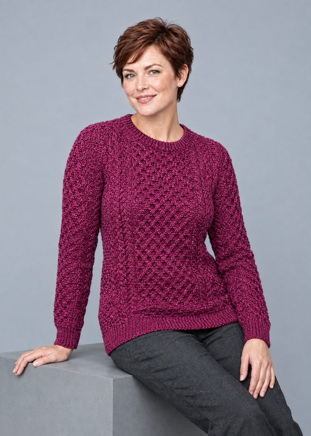 Women's Slim-Fit Aran Sweater in Raspberry | Premium Merino Wool