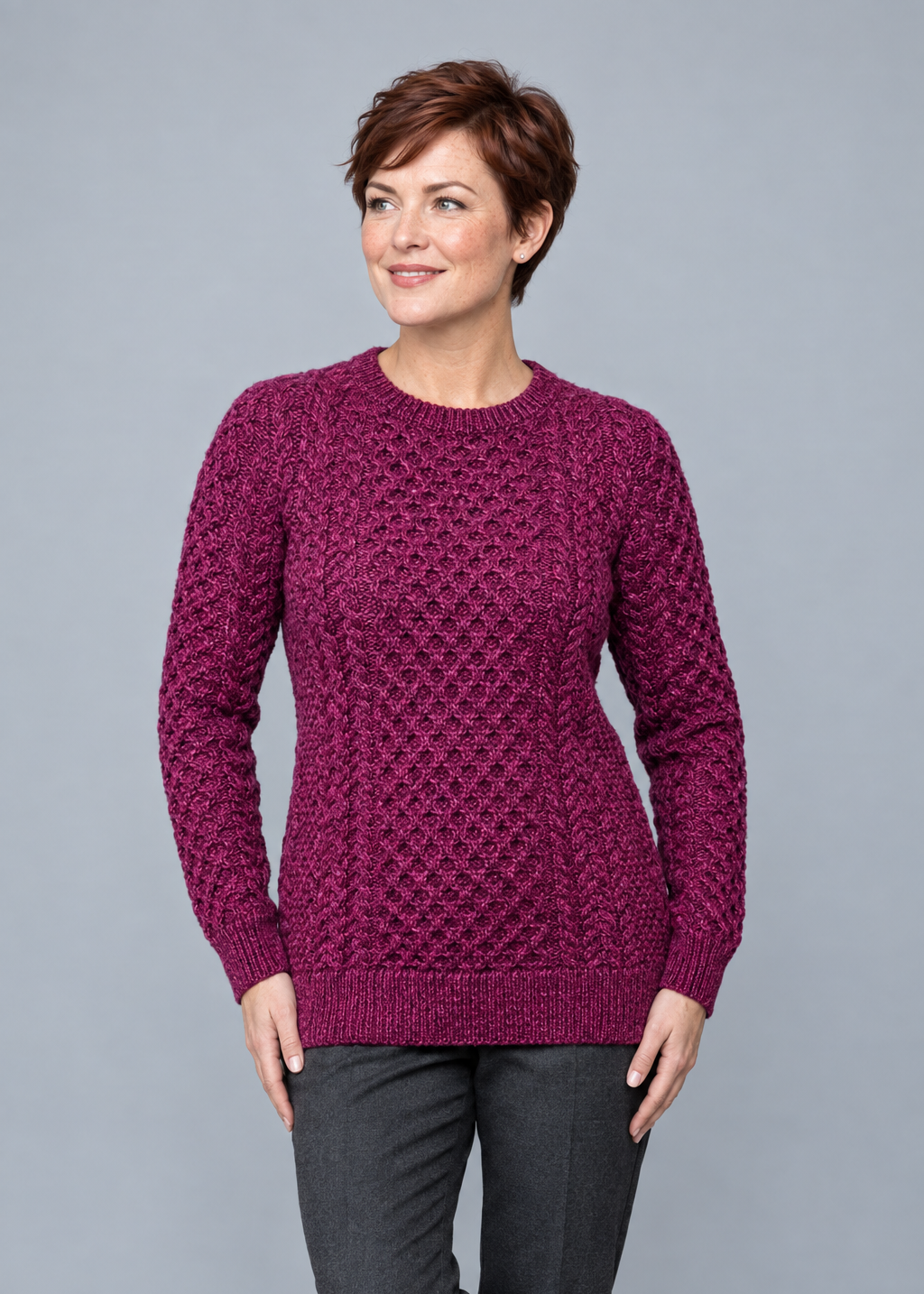 Women's Slim-Fit Aran Sweater in Raspberry | Premium Merino Wool
