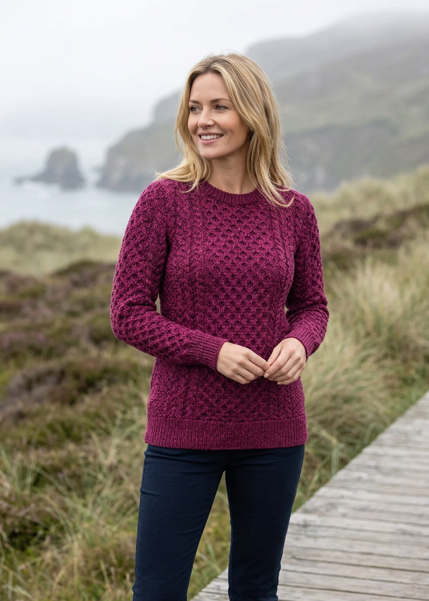 Women's Slim-Fit Aran Sweater in Raspberry | Premium Merino Wool