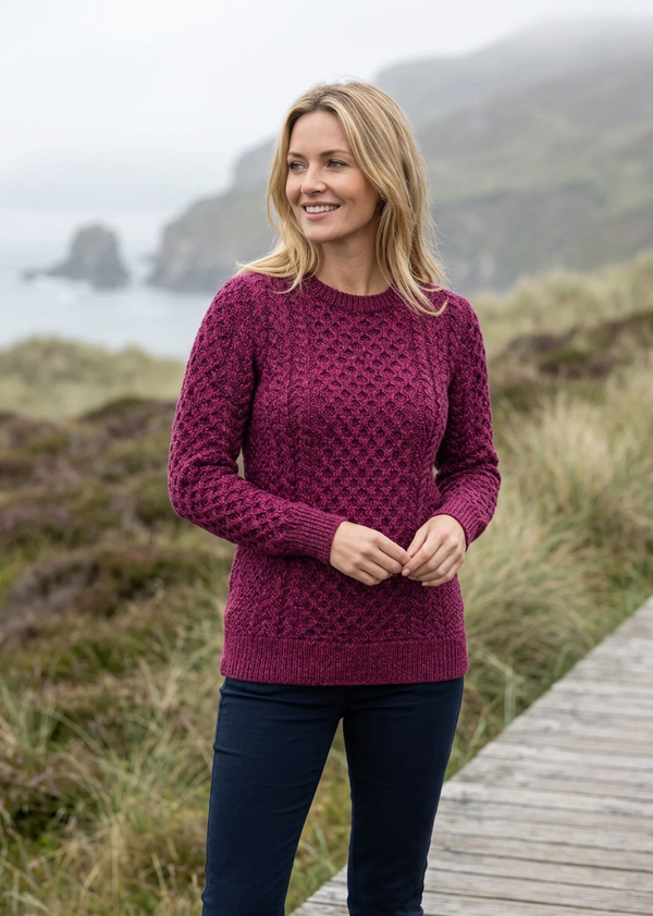 Women's Slim-Fit Aran Sweater in Raspberry | Premium Merino Wool