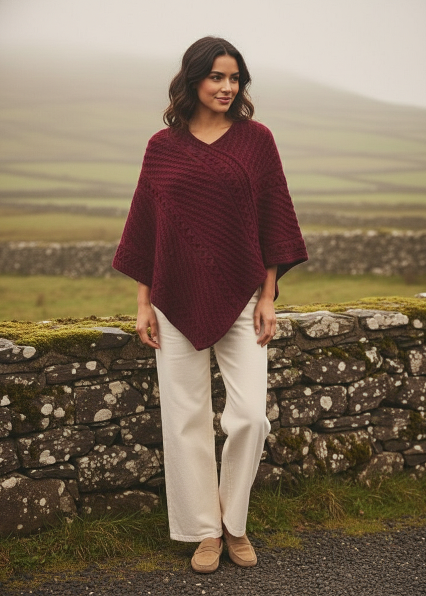 Irish Aran Merino Wool V-Neck Poncho | Raspberry