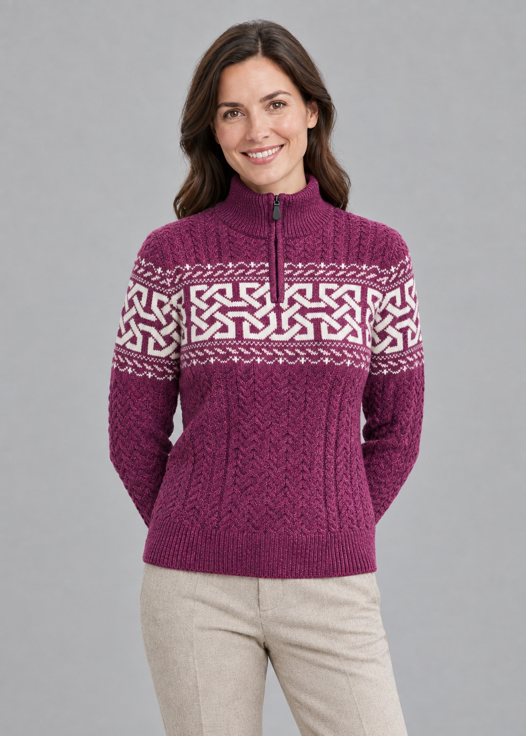 Raspberry sweater, angled studio pose