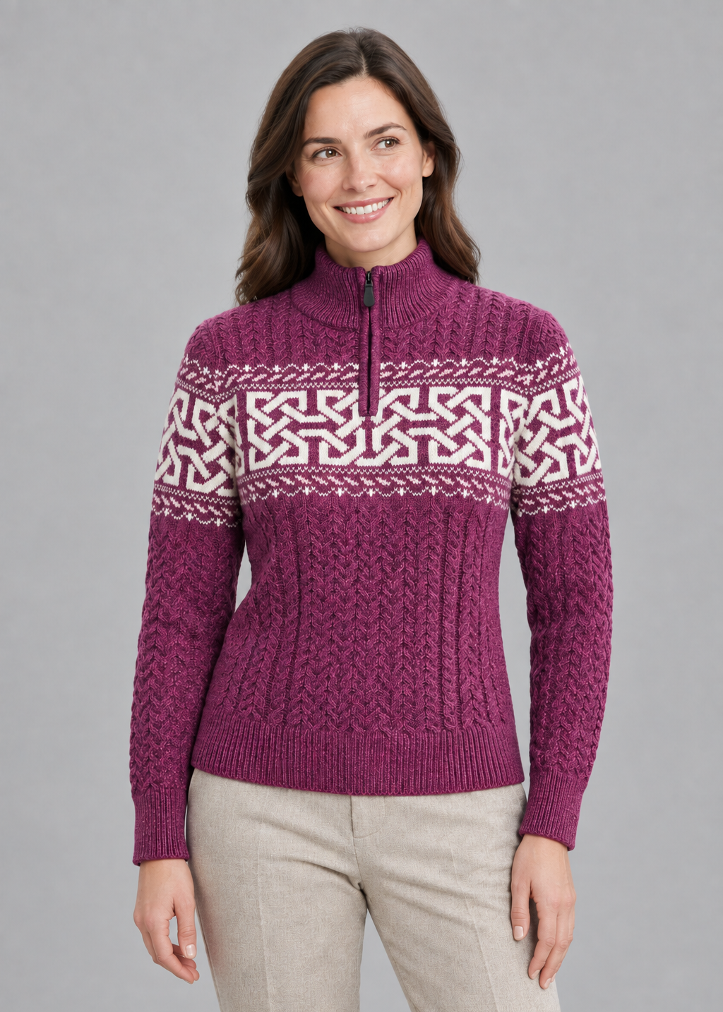 Women's Aran Celtic Design Zip Sweater | Raspberry Marl