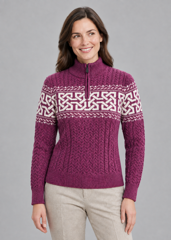 Women's Aran Celtic Design Zip Sweater | Raspberry Marl