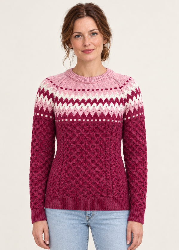 Ladies Slim-Fit Aran Fair Isle Sweater | Raspberry Marl