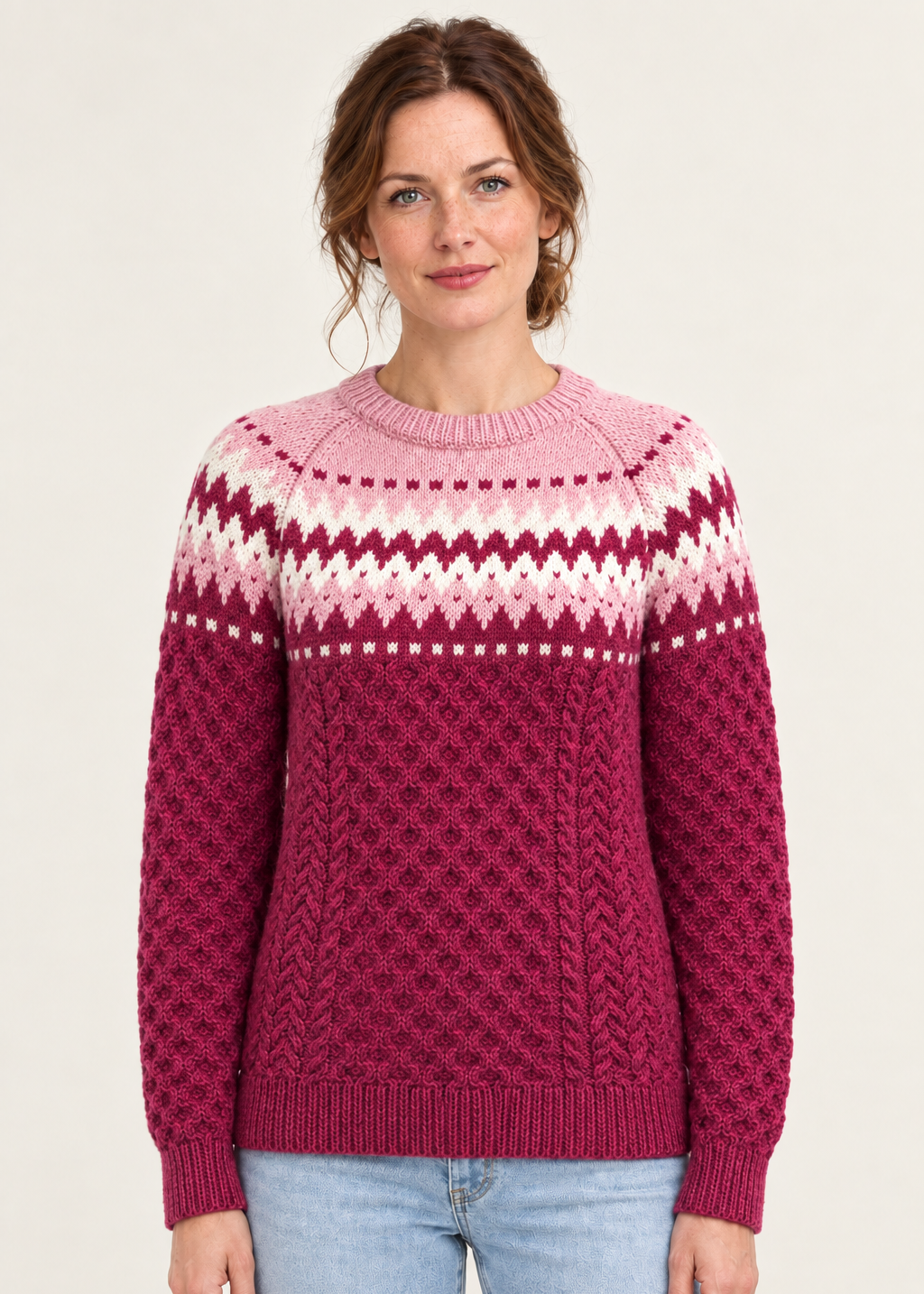 Ladies Slim-Fit Aran Fair Isle Sweater | Raspberry Marl