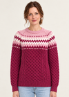 Ladies Slim-Fit Aran Fair Isle Sweater | Raspberry Marl