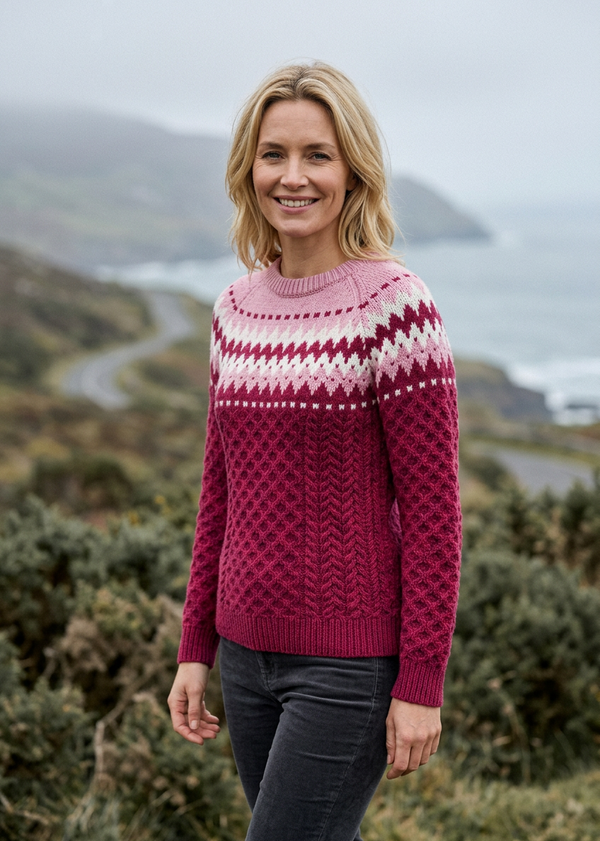 Ladies Slim-Fit Aran Fair Isle Sweater | Raspberry Marl