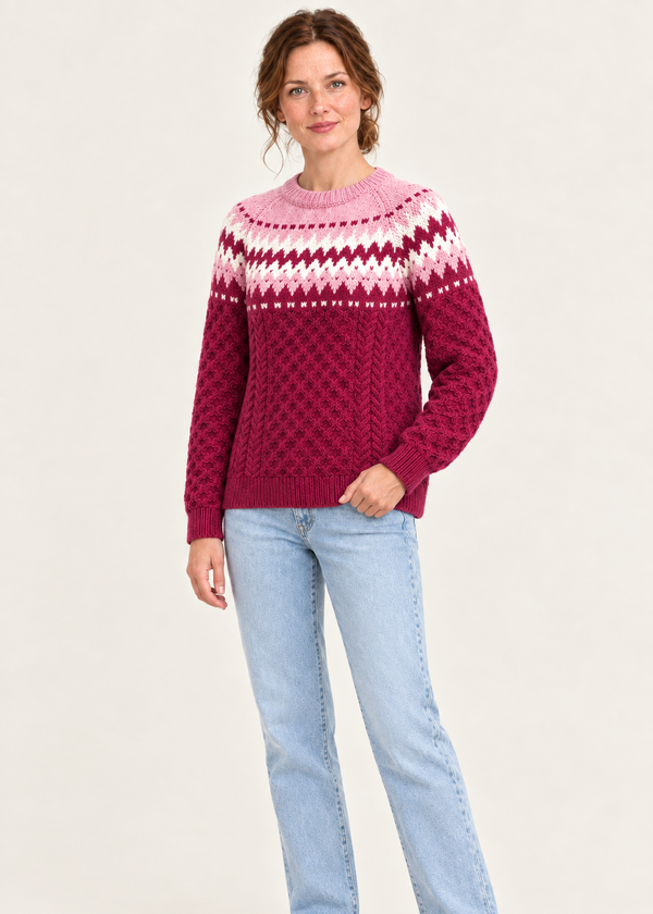 Ladies Slim-Fit Aran Fair Isle Sweater | Raspberry Marl