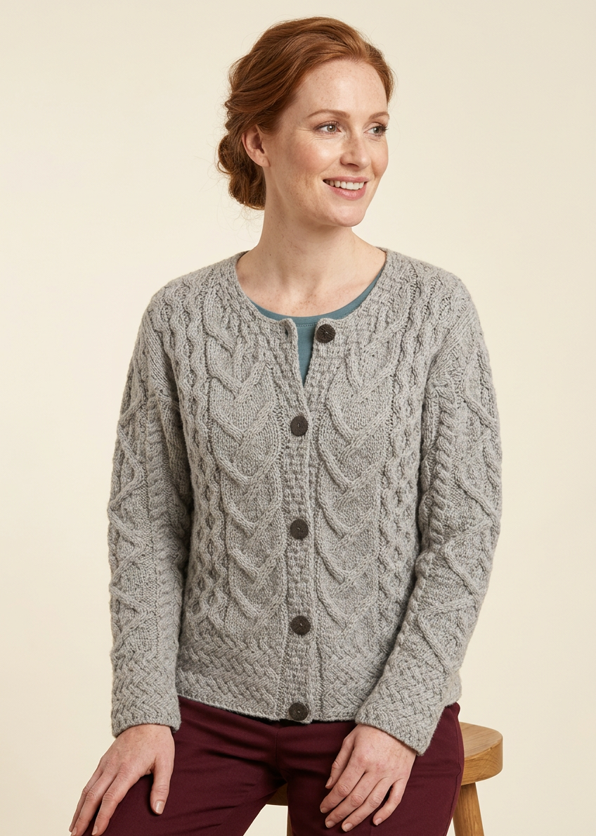 Women's Aran Cable Knit Cardigan - Grey | 100% Merino Wool