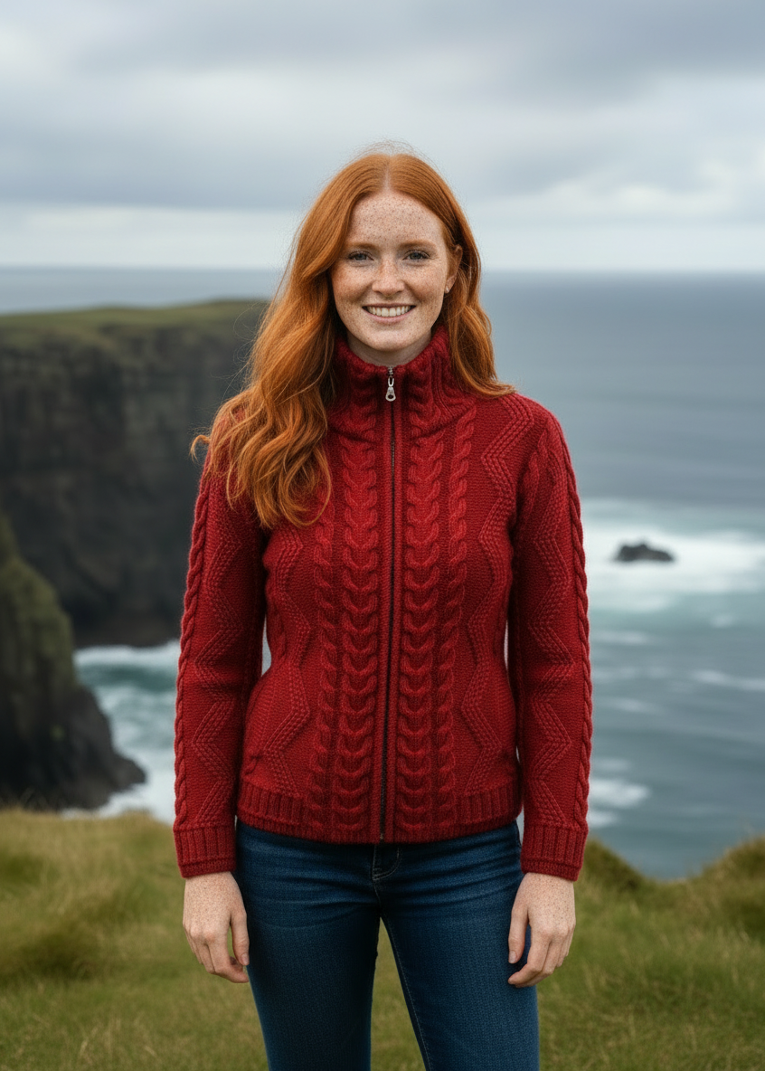Red Aran Cardigan - Alternative Model Front View