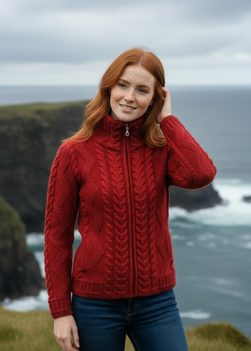 Red Aran Cardigan - Alternative Model Hand in Hair