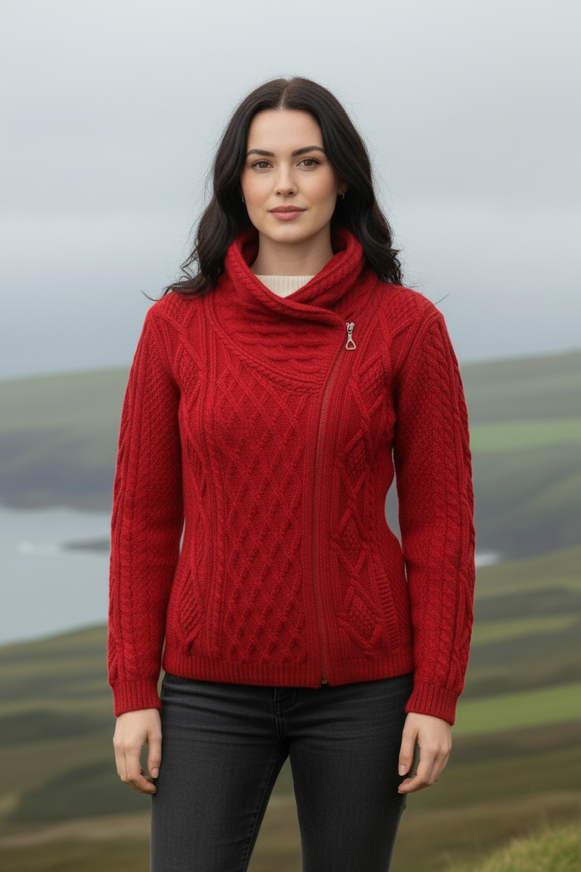 Red Aran Cardigan New Model Lifestyle Image