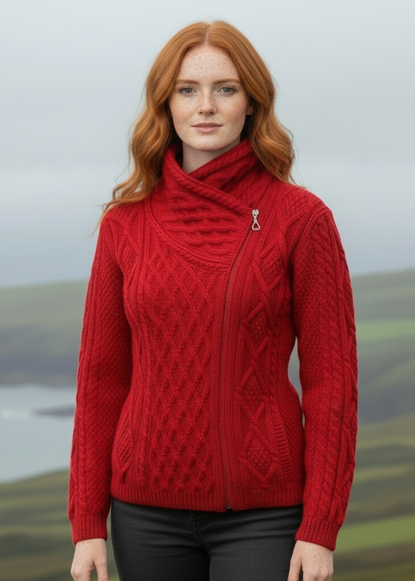 Red Aran Cardigan New Model Lifestyle Image