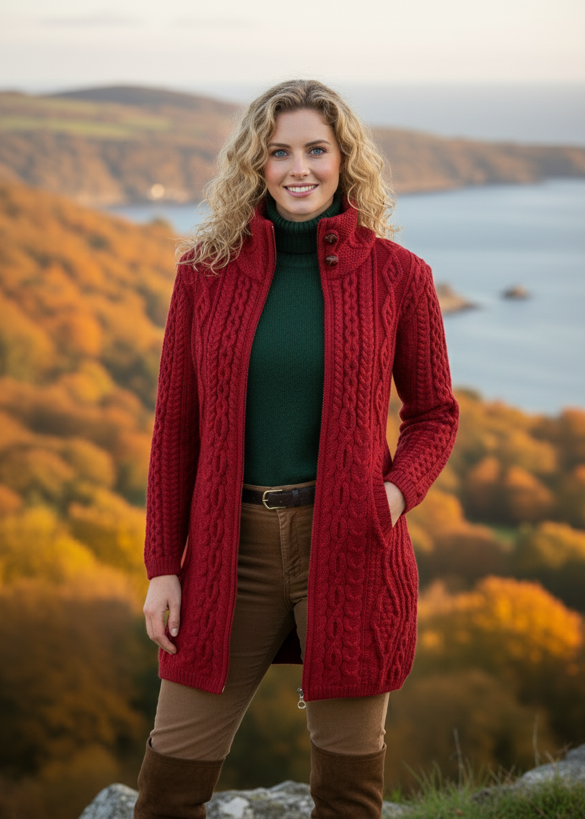 Woman wearing a red knitted coat standing in a scenic autumn landscape with trees and water.