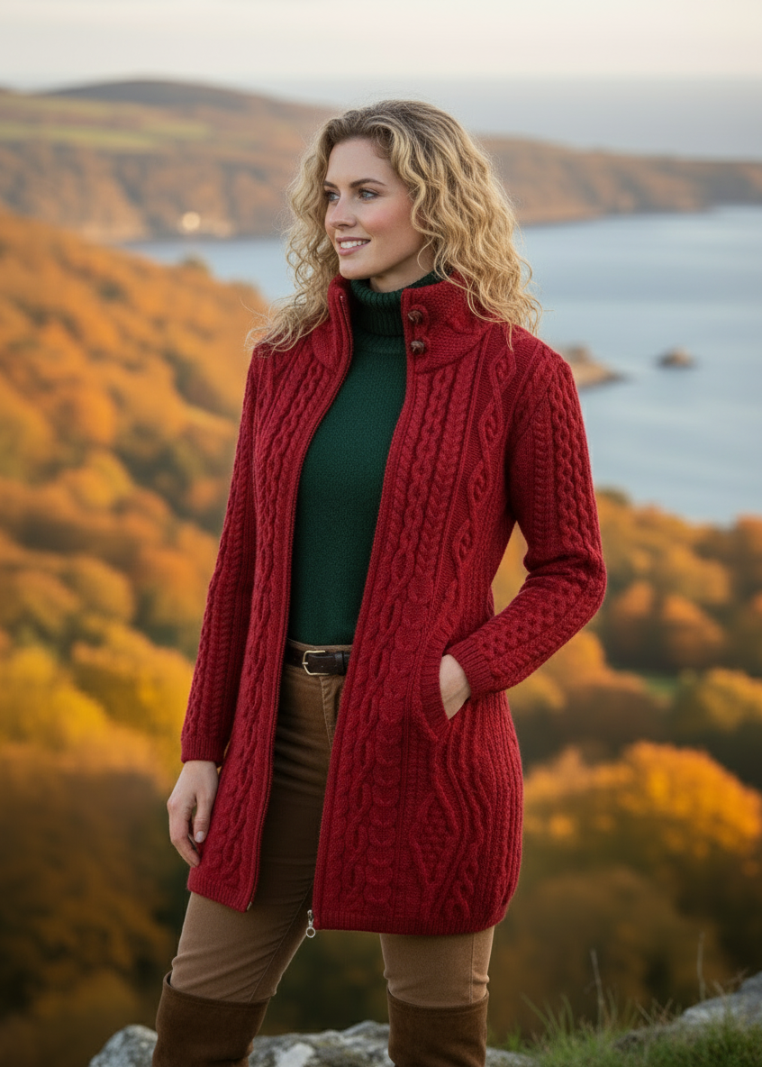 Woman wearing a red knitted coat standing in a scenic autumn landscape with trees and water.