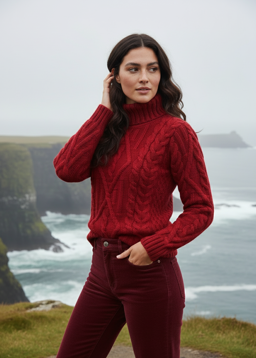 Aran Red Turtleneck Sweater | 100% Merino Wool | Traditional Irish Cable Knit