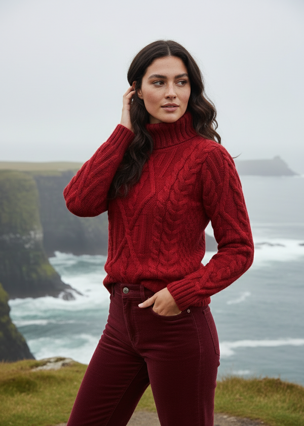 Aran Red Turtleneck Sweater | 100% Merino Wool | Traditional Irish Cable Knit