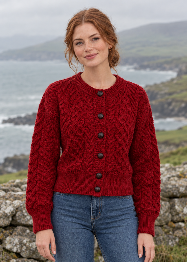 Ladies Merino Cropped Classic Aran Cardigan | Red