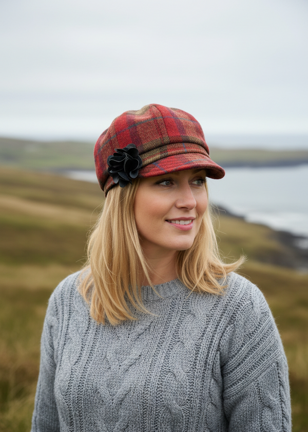 Ladies Mucros Newsboy Cap | Red Check Tweed