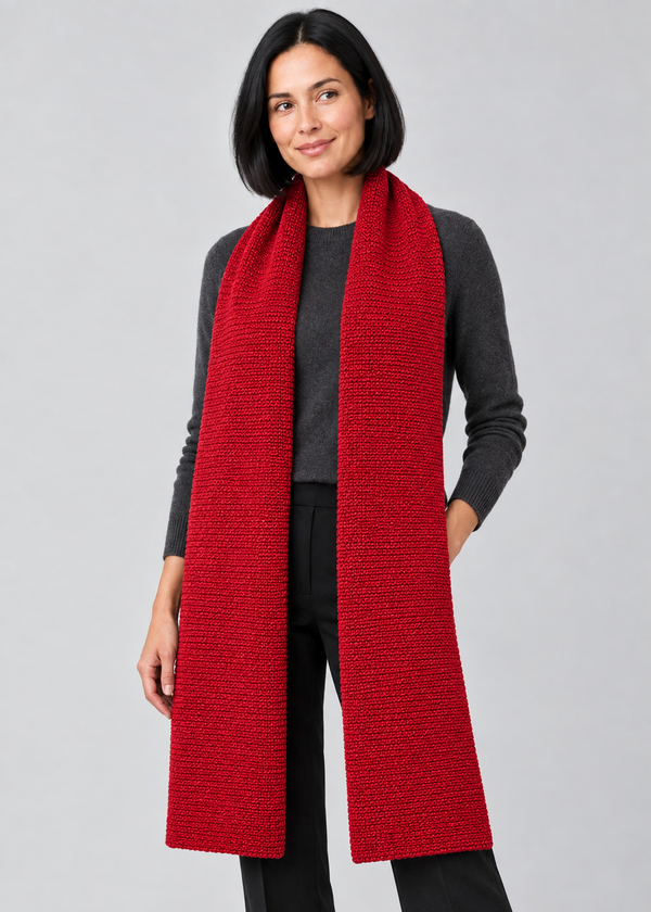 Red scarf angled studio pose