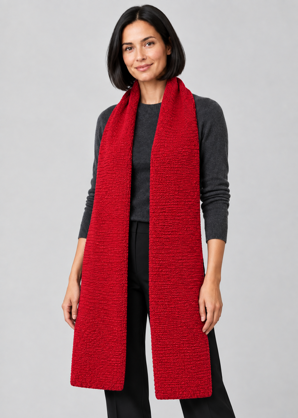 Red scarf standing studio pose