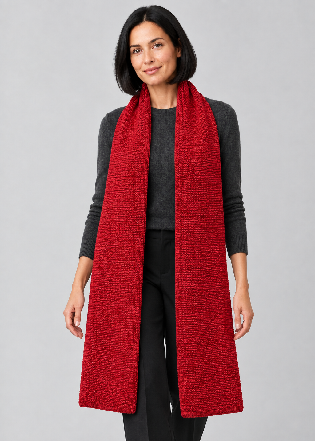 Red scarf stepping studio pose