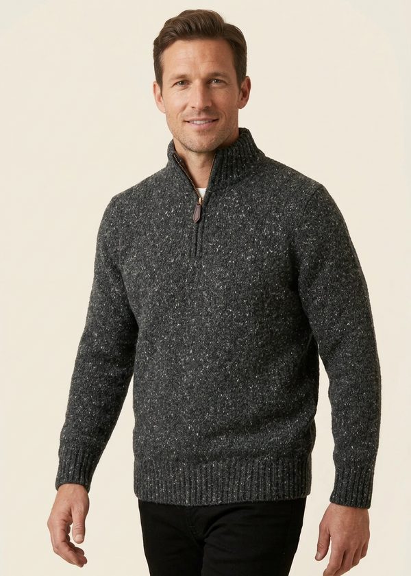 Men’s Flecked Merino Wool Quarter-Zip Fisherman Sweater | Charcoal